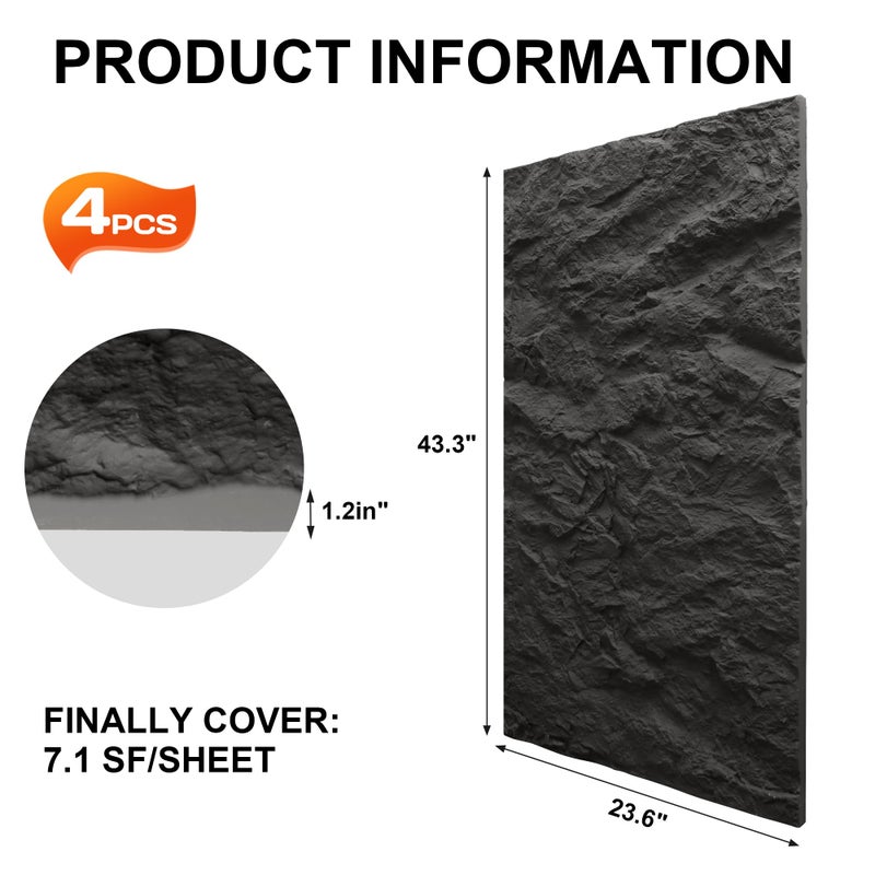 KASARO 3D Faux Stone Wall Panels, 4 PCS PU Wainscoting Panel for Interior Wall Decor, Cement Texture Thicker Accent for Home, Office, 43.3 Ã— 23.6 inch, Black - Image 3