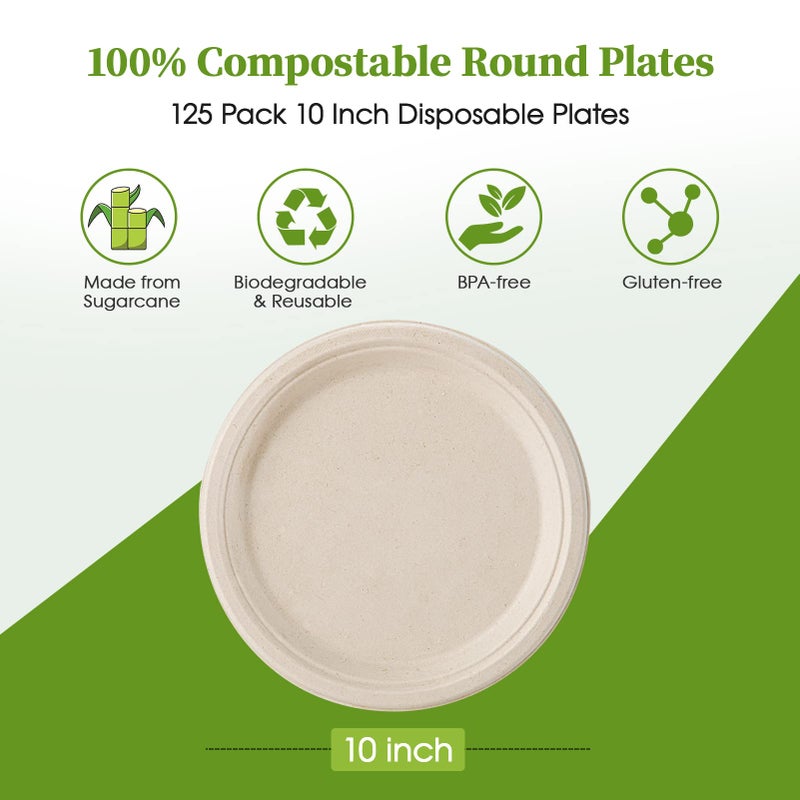ECOLipak 100% Compostable 10 Inch Paper Plates, 125 Pack Heavy Duty Disposable Biodegradable Eco-friendly Sugarcane Bagasse Plates for Dinner Party - Image 2