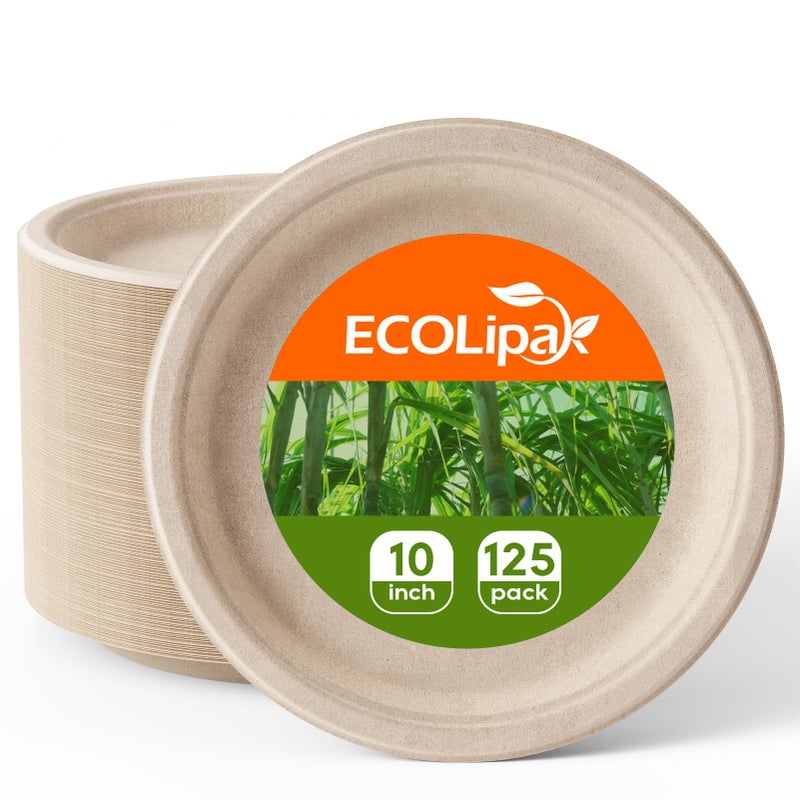 ECOLipak 100% Compostable 10 Inch Paper Plates, 125 Pack Heavy Duty Disposable Biodegradable Eco-friendly Sugarcane Bagasse Plates for Dinner Party - Image 1