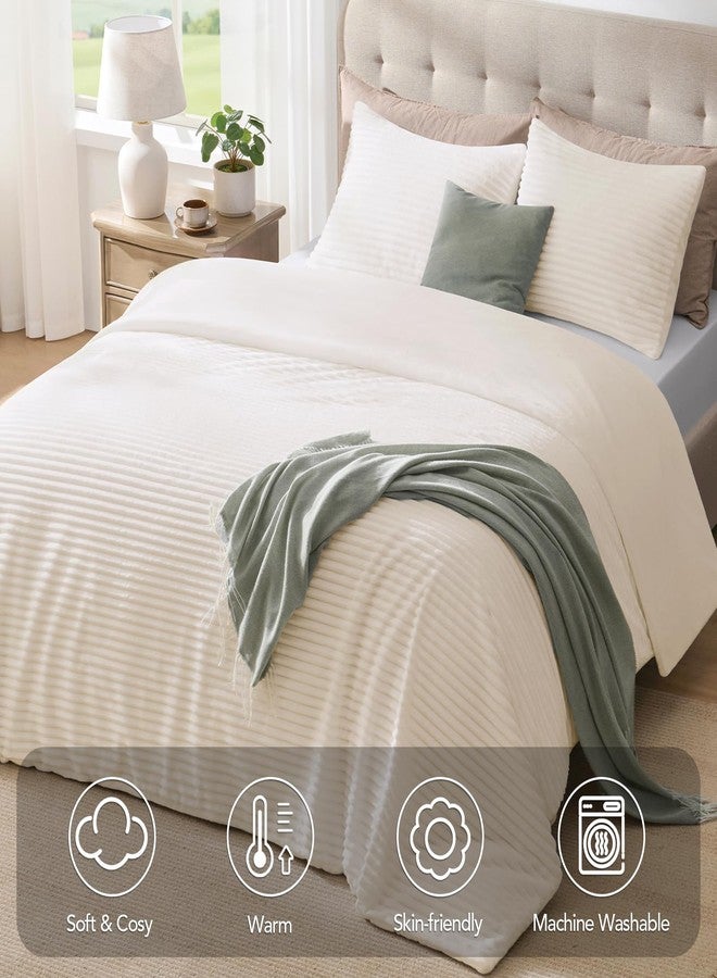 Quataly Fluffy Queen Comforter Set 3 Pieces - Soft & Fuzzy Cream White Faux Fur Comforters Queen Size for Winter Fleece Bedding Set,1 Luxury Down Alternative Comforter with 2 Pillow Shams - Image 3