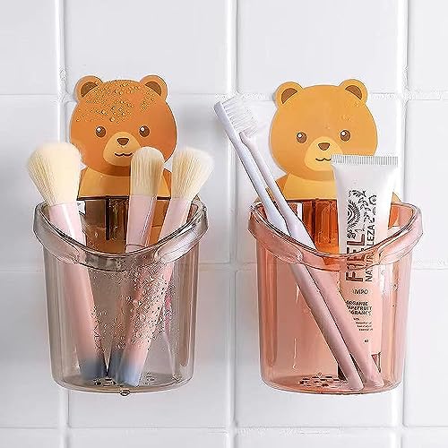 LEAWALL plastic Toothbrush Holders for Bathroom Waterproof Self Adhesive Wall Mount for All Types Tooth Brush, Toothpaste, Comb Teddy Bear Shaped with water Drain Hole(2 Pcs, Multicolor) - Image 1