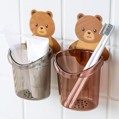 LEAWALL plastic Toothbrush Holders for Bathroom Waterproof Self Adhesive Wall Mount for All Types Tooth Brush, Toothpaste, Comb Teddy Bear Shaped with water Drain Hole(2 Pcs, Multicolor) - Image 3