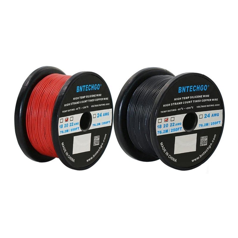BNTECHGO سلك سيليكون BNTECHGO 20 قياس لفة أحمر وأسود كل 250 قدم مرن 20 AWG سلك نحاسي معزول - Image 1
