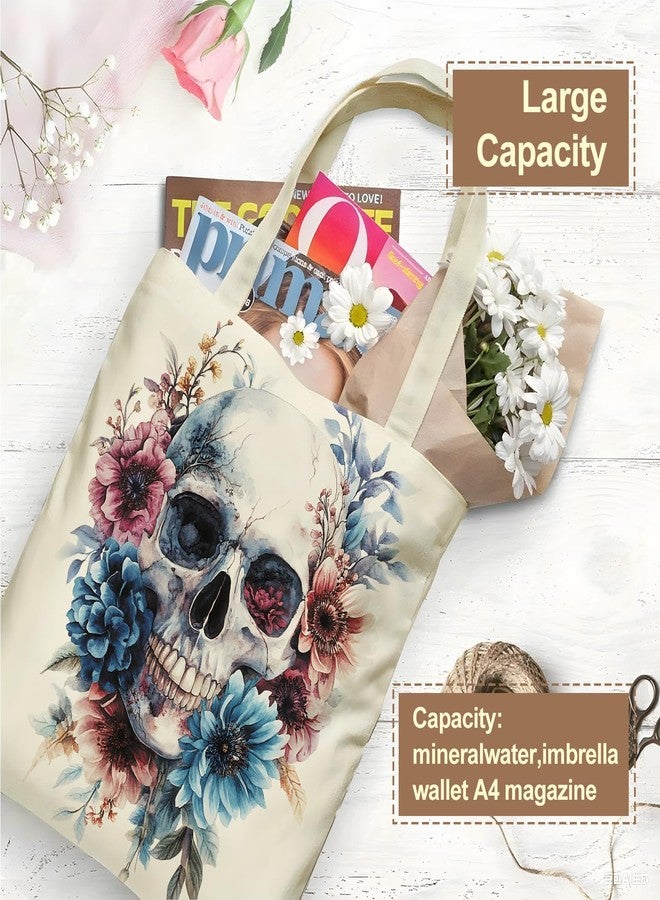 THISFIND Watercolor Floral Skull Canvas Tote Bag for Women – Artistic Gothic Flower Print Shoulder Bag - Image 5
