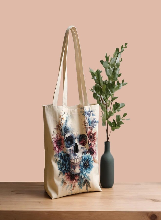 THISFIND Watercolor Floral Skull Canvas Tote Bag for Women – Artistic Gothic Flower Print Shoulder Bag - Image 3