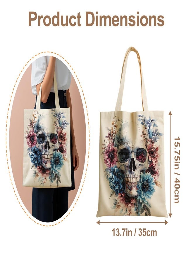 THISFIND Watercolor Floral Skull Canvas Tote Bag for Women – Artistic Gothic Flower Print Shoulder Bag - Image 4