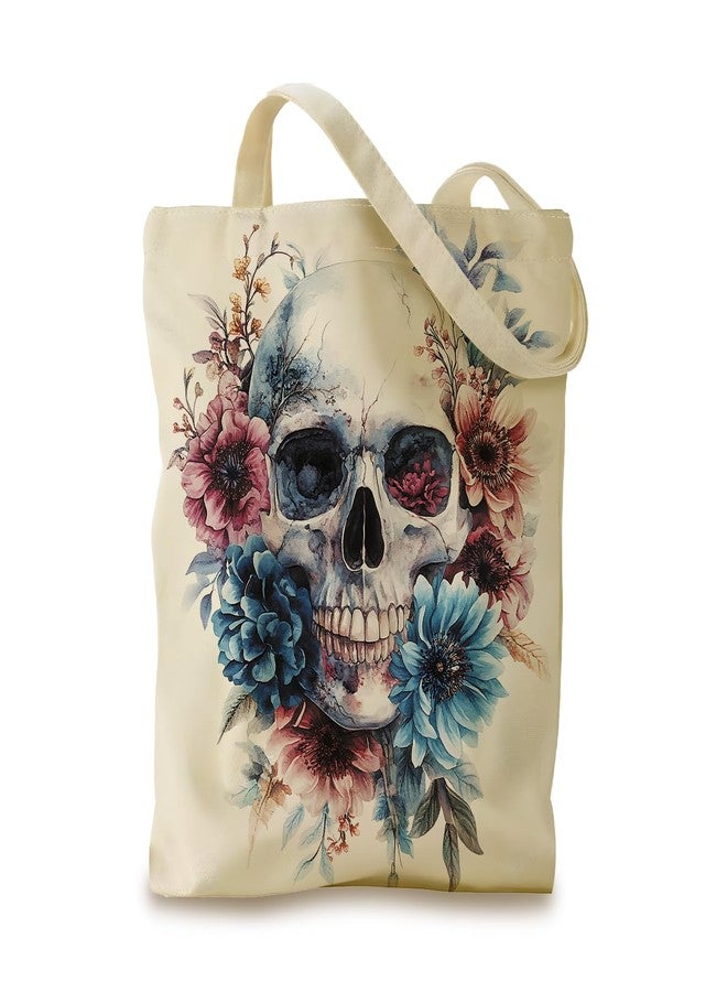 THISFIND Watercolor Floral Skull Canvas Tote Bag for Women – Artistic Gothic Flower Print Shoulder Bag - Image 1
