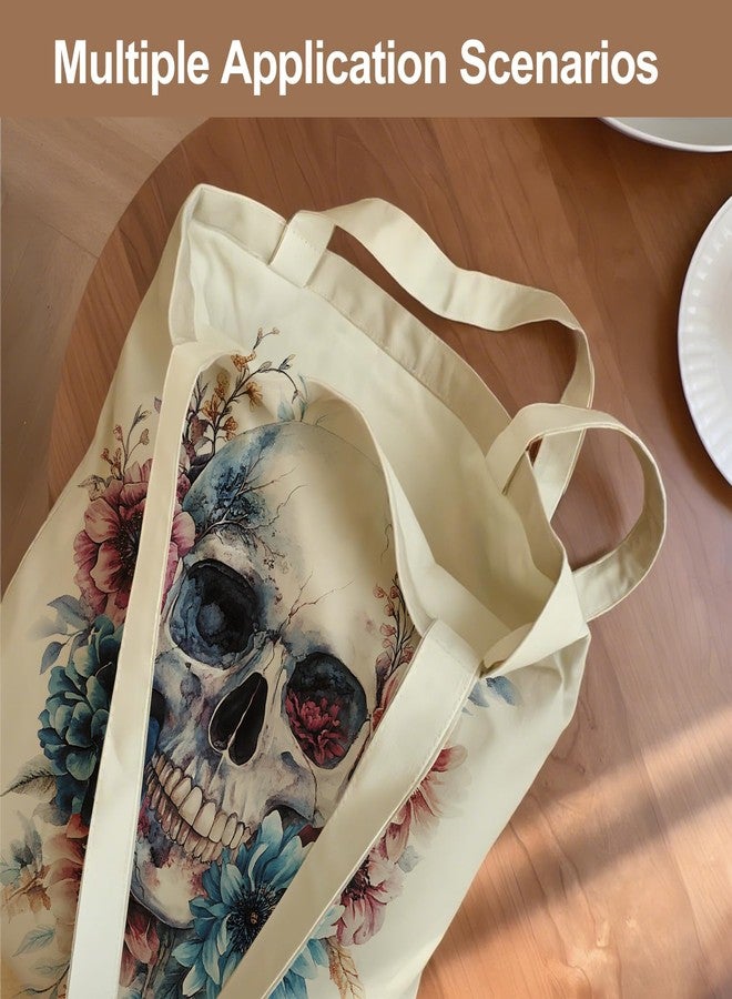 THISFIND Watercolor Floral Skull Canvas Tote Bag for Women – Artistic Gothic Flower Print Shoulder Bag - Image 2