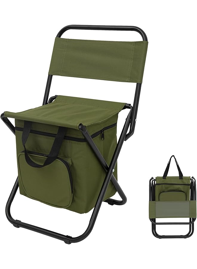 PROMASS Small Fishing Chair With Cooler Bag, Lightweight Camping Chair Compact Fishing Stool With Backrest For Rv Hiking Travel, Hunting, Ice Fishing Gifts Gear For Men, Supports 265 Lbs (Green) - Image 1
