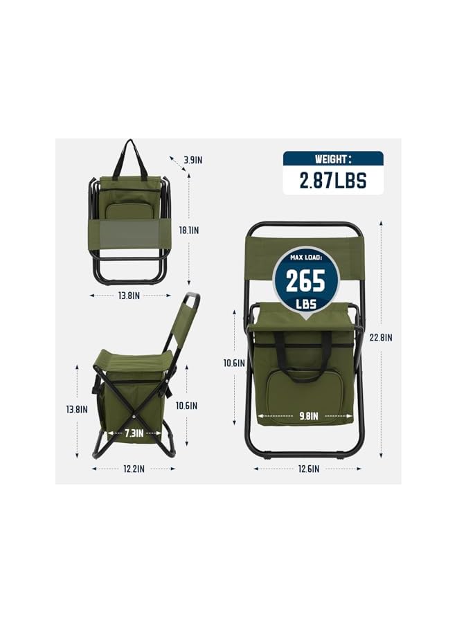 PROMASS Small Fishing Chair With Cooler Bag, Lightweight Camping Chair Compact Fishing Stool With Backrest For Rv Hiking Travel, Hunting, Ice Fishing Gifts Gear For Men, Supports 265 Lbs (Green) - Image 3