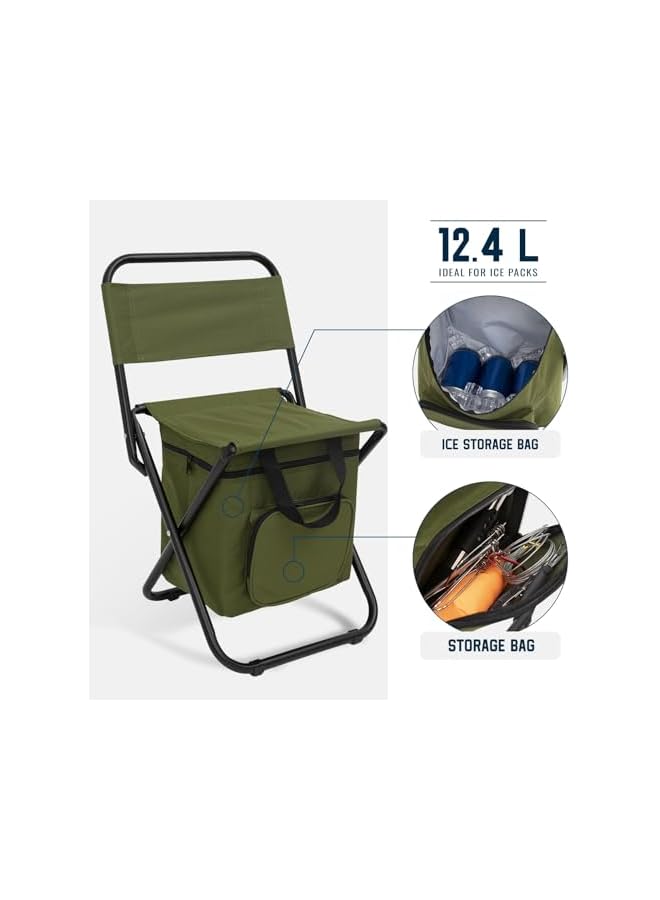 PROMASS Small Fishing Chair With Cooler Bag, Lightweight Camping Chair Compact Fishing Stool With Backrest For Rv Hiking Travel, Hunting, Ice Fishing Gifts Gear For Men, Supports 265 Lbs (Green) - Image 4