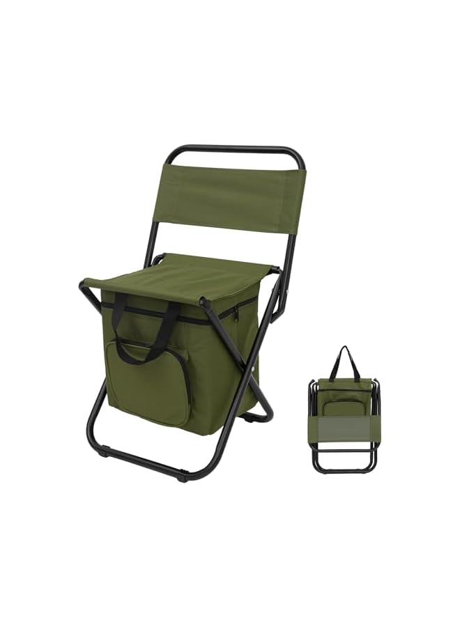 PROMASS Small Fishing Chair With Cooler Bag, Lightweight Camping Chair Compact Fishing Stool With Backrest For Rv Hiking Travel, Hunting, Ice Fishing Gifts Gear For Men, Supports 265 Lbs (Green) - Image 2