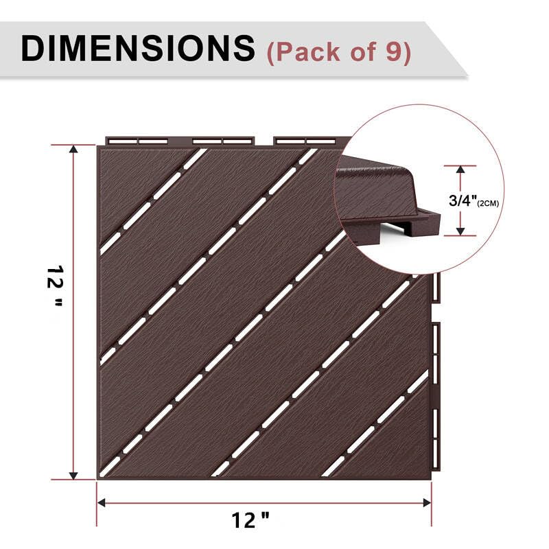 VANCASTLE 9 Pack Interlocking Deck Tiles, 12"x12" Patio Pavers, Heavy Duty Plastic Outdoor Flooring with Drainage, Waterproof Non-Slip Snap-Together Tiles for Balcony, Poolside, Garage, Dark Brown - Image 5