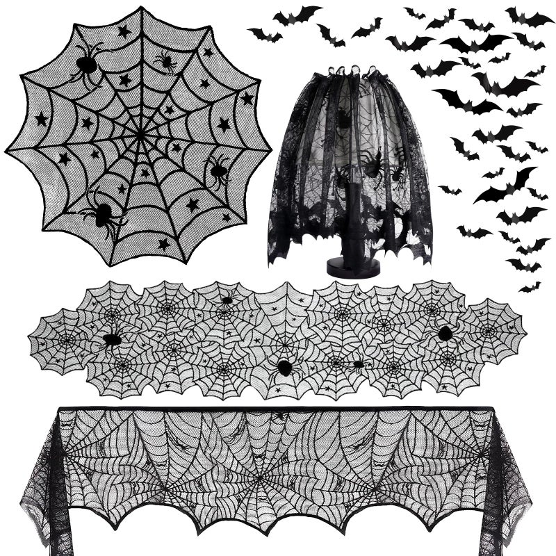 Yunfan 5Pack Halloween Decorations Indoor Halloween Spider Web Tablecloth Table Runners Fireplace Mantel Scarf Cobweb Lampshade Scary 3D Bats for Halloween Spooky Home Decor - Image 1