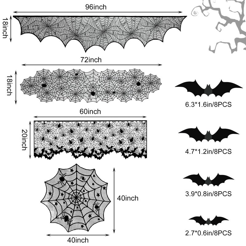 Yunfan 5Pack Halloween Decorations Indoor Halloween Spider Web Tablecloth Table Runners Fireplace Mantel Scarf Cobweb Lampshade Scary 3D Bats for Halloween Spooky Home Decor - Image 5