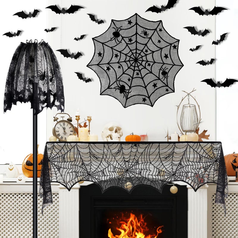 Yunfan 5Pack Halloween Decorations Indoor Halloween Spider Web Tablecloth Table Runners Fireplace Mantel Scarf Cobweb Lampshade Scary 3D Bats for Halloween Spooky Home Decor - Image 2
