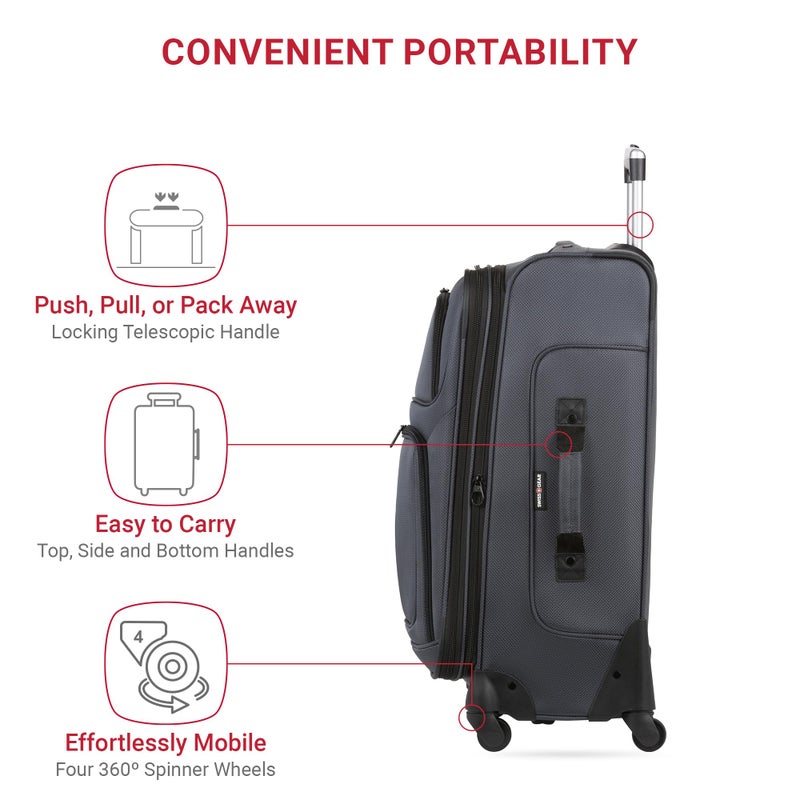SWISSGEAR Sion Softside Expandable Spinner Luggage Durable Lightweight Travel Suitcase, Dark Grey, Checked-Medium 25-Inch - Image 2
