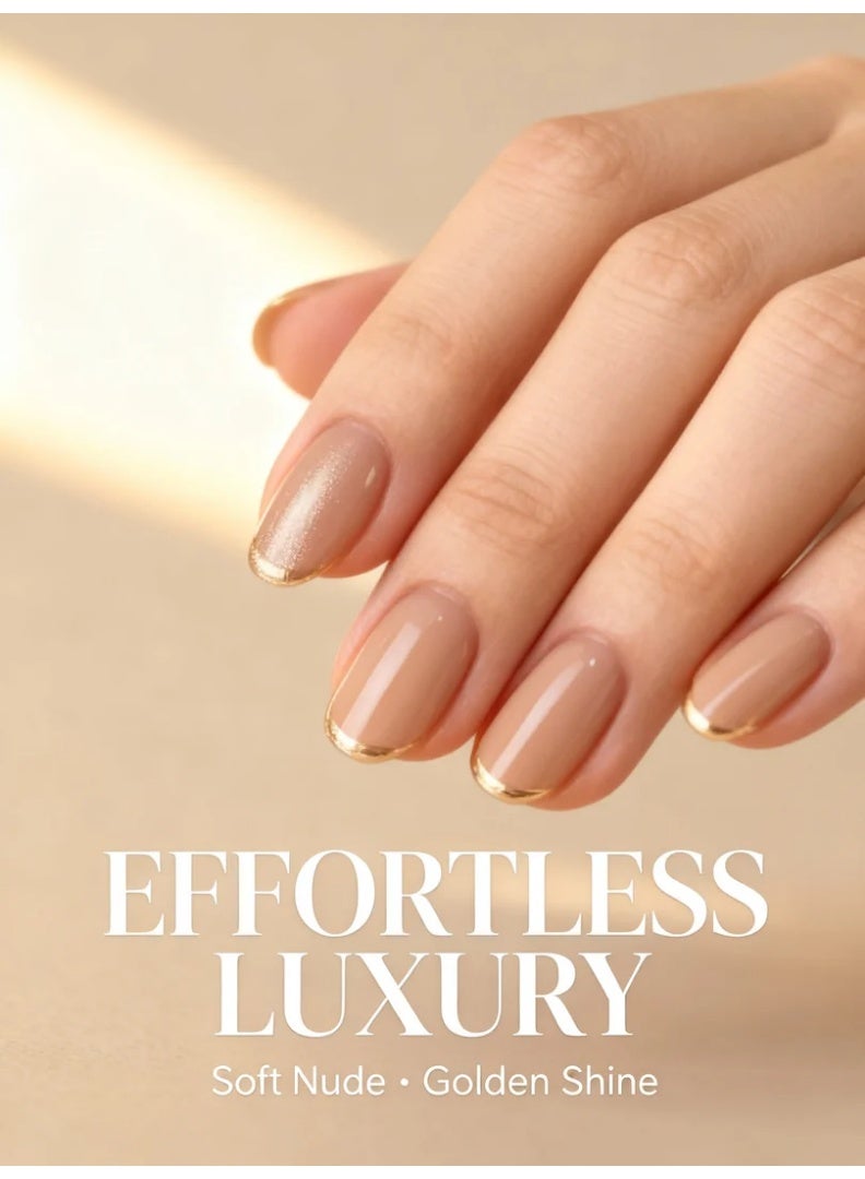 Orange Life Nude Gold Edge Fake Nails Reusable Short Oval Press On Nails 24PCS Set Glossy Scratch Resistant Waterproof Finish Soft ABS Material for Natural Fit Elegant Minimalist Design Quick One Minute Salon Look Perfect for Work Parties and Holidays Comfortable Everyday Wear Stylish Nude Gold Nail Gift for Women - Image 2