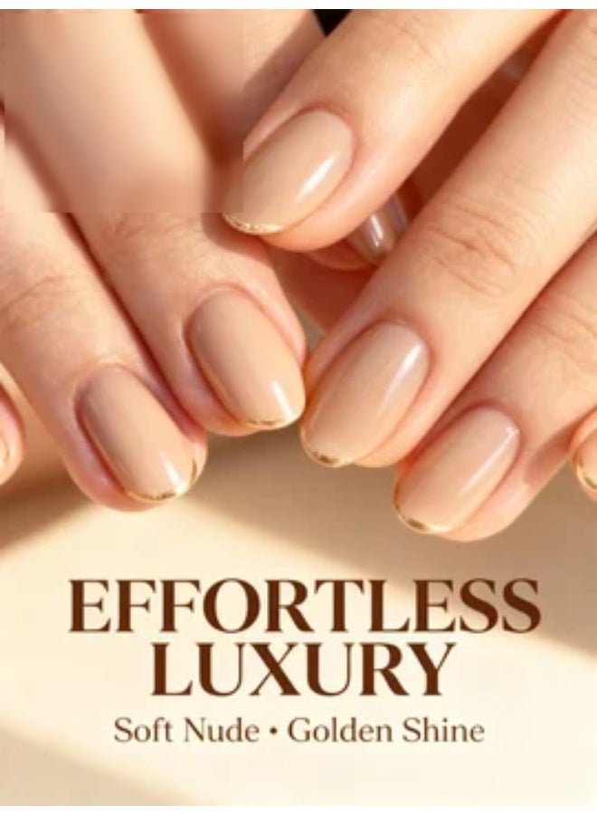 Orange Life Nude Gold Edge Fake Nails Reusable Short Oval Press On Nails 24PCS Set Glossy Scratch Resistant Waterproof Finish Soft ABS Material for Natural Fit Elegant Minimalist Design Quick One Minute Salon Look Perfect for Work Parties and Holidays Comfortable Everyday Wear Stylish Nude Gold Nail Gift for Women - Image 3