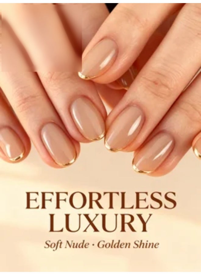 Orange Life Nude Gold Edge Fake Nails Reusable Short Oval Press On Nails 24PCS Set Glossy Scratch Resistant Waterproof Finish Soft ABS Material for Natural Fit Elegant Minimalist Design Quick One Minute Salon Look Perfect for Work Parties and Holidays Comfortable Everyday Wear Stylish Nude Gold Nail Gift for Women - Image 5