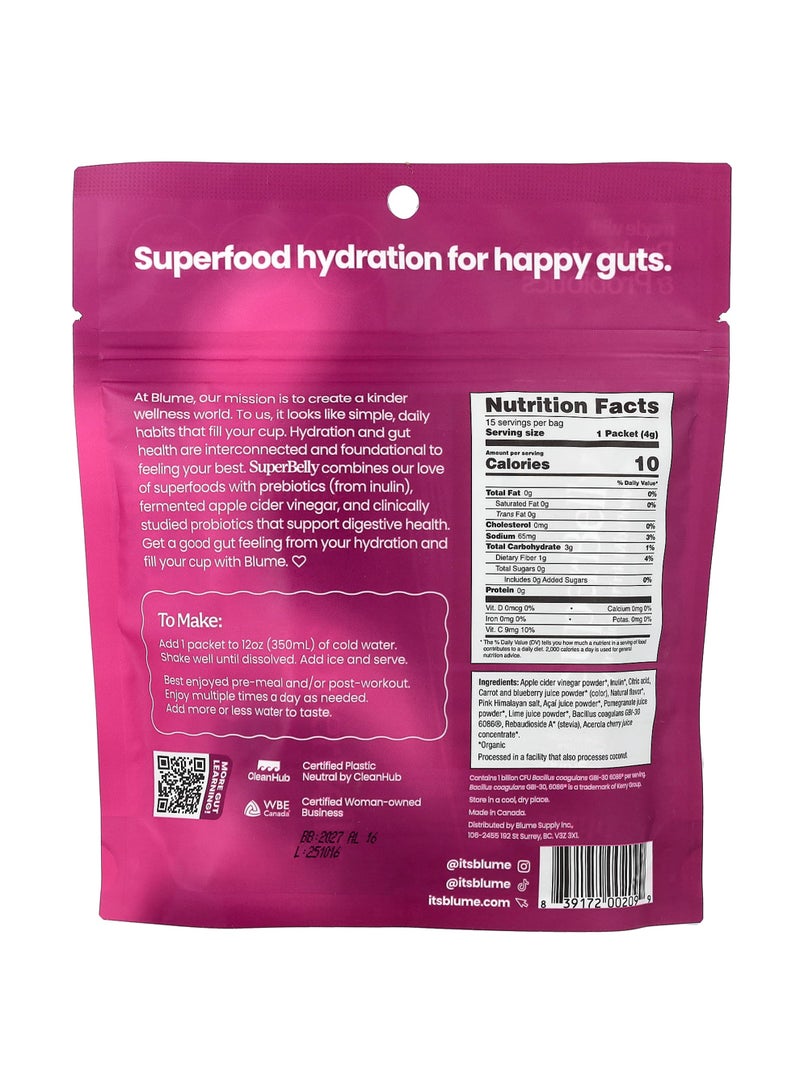 Blume SuperBelly, Gut-Building Hydration Drink Mix Powder, Acai Pomegranate, 15 Packets, 0.14 oz (4 g) Each - Image 2