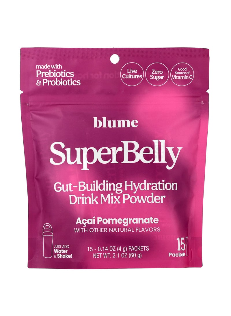 Blume SuperBelly, Gut-Building Hydration Drink Mix Powder, Acai Pomegranate, 15 Packets, 0.14 oz (4 g) Each - Image 1