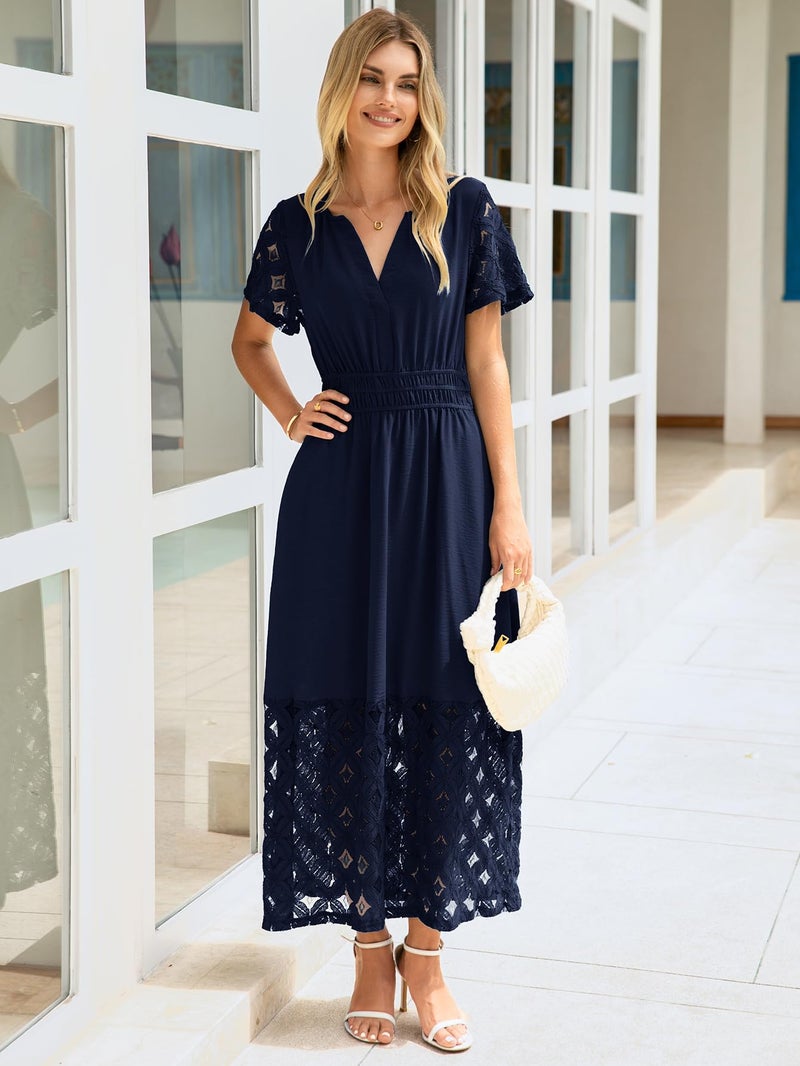 Simplee Apparel Simplee Womens Semi Formal Dresses - Casual V Neck Empire Waist Long Flowy Lace Boho Wedding Guest Dress with Pocketss (Navy Blue XL) - Image 2