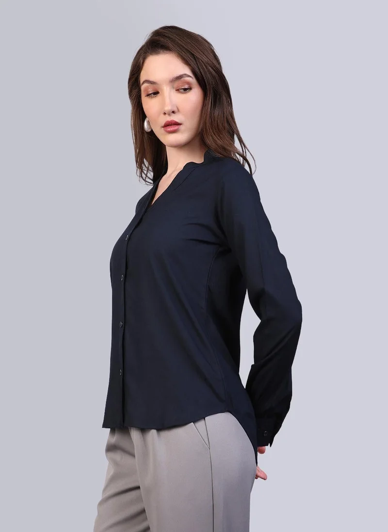 Urbano Fashion  Urbano Fashion Women's Navy Modal Viscose Full Sleeve Regular Fit Casual Solid Shirt with Mandarin Collar for Women | Best Price UAE