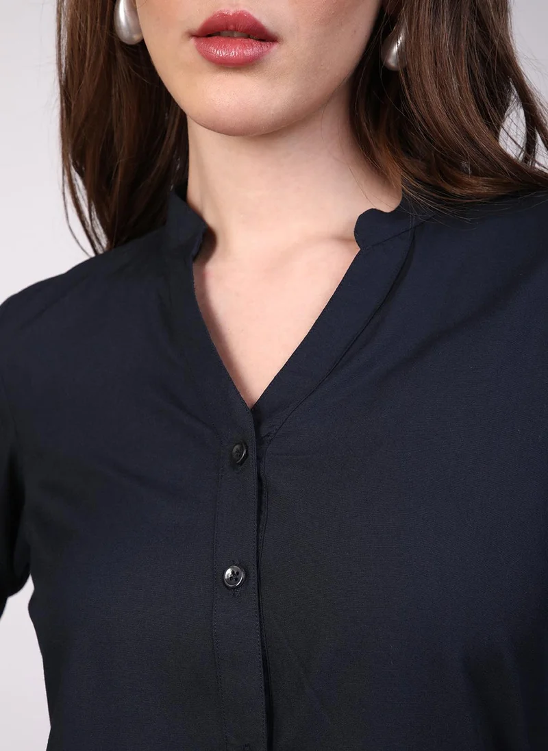 Urbano Fashion  Urbano Fashion Women's Navy Modal Viscose Full Sleeve Regular Fit Casual Solid Shirt with Mandarin Collar for Women | Best Price UAE