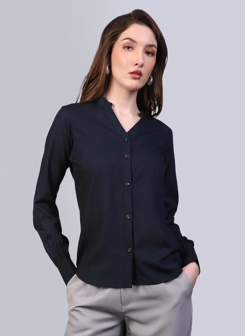 Urbano Fashion Women's Navy Modal Viscose Full Sleeve Regular Fit Casual Solid Shirt with Mandarin Collar