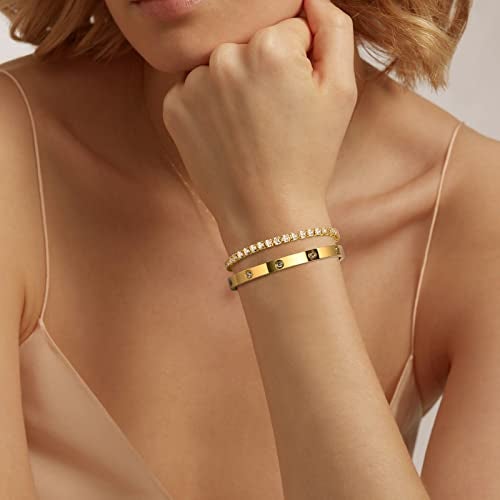 MPRAINBOW 2pcs 18K Gold Plated Chain Link Bracelet, Stainless Steel Crystal Friendship Bracelets Bangle,Watch Band Chains Wristband Jewelry with Adjust Tool - Image 2