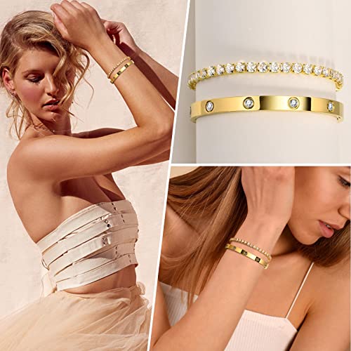 MPRAINBOW 2pcs 18K Gold Plated Chain Link Bracelet, Stainless Steel Crystal Friendship Bracelets Bangle,Watch Band Chains Wristband Jewelry with Adjust Tool - Image 3