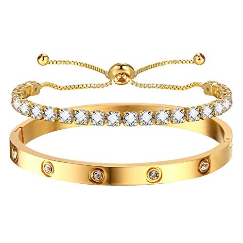 MPRAINBOW 2pcs 18K Gold Plated Chain Link Bracelet, Stainless Steel Crystal Friendship Bracelets Bangle,Watch Band Chains Wristband Jewelry with Adjust Tool - Image 1