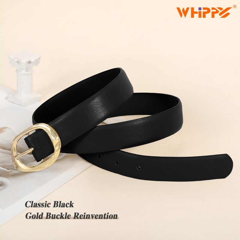 WHIPPY Leather Belt for Women Casual Waist Belt with Gold Buckle Fashion Ladies Belt for Jeans Pants Dress,Black Gold,M - Image 2