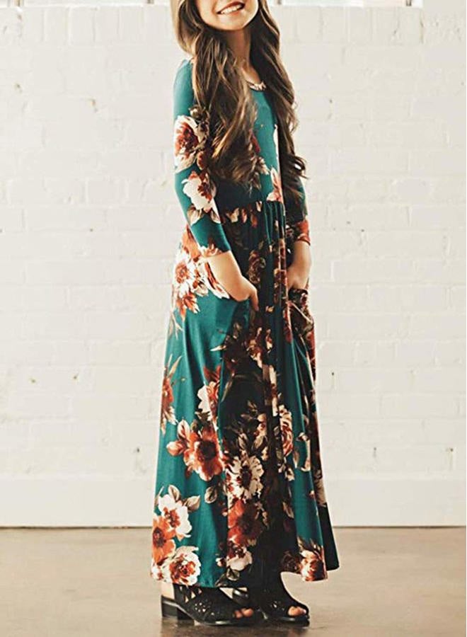 21KIDS Girls Maxi Dress Kids Floral Casual 3/4 Long Sleeve Dresses for Girls, Green, 12 Years - Image 2