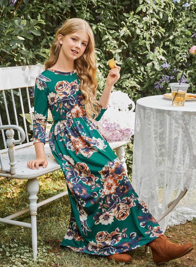 21KIDS Girls Maxi Dress Kids Floral Casual 3/4 Long Sleeve Dresses for Girls, Green, 12 Years - Image 4