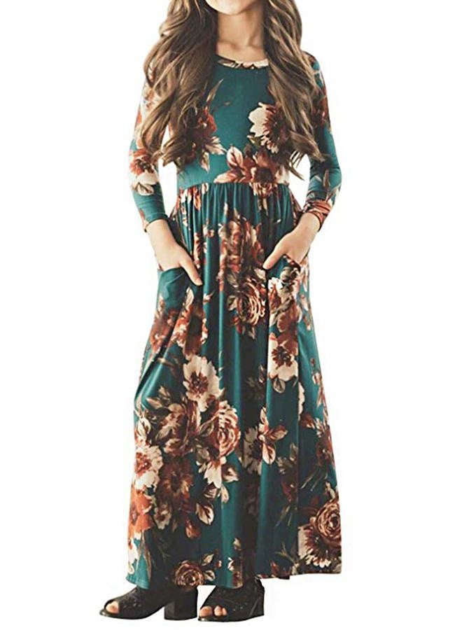 21KIDS Girls Maxi Dress Kids Floral Casual 3/4 Long Sleeve Dresses for Girls, Green, 12 Years - Image 1