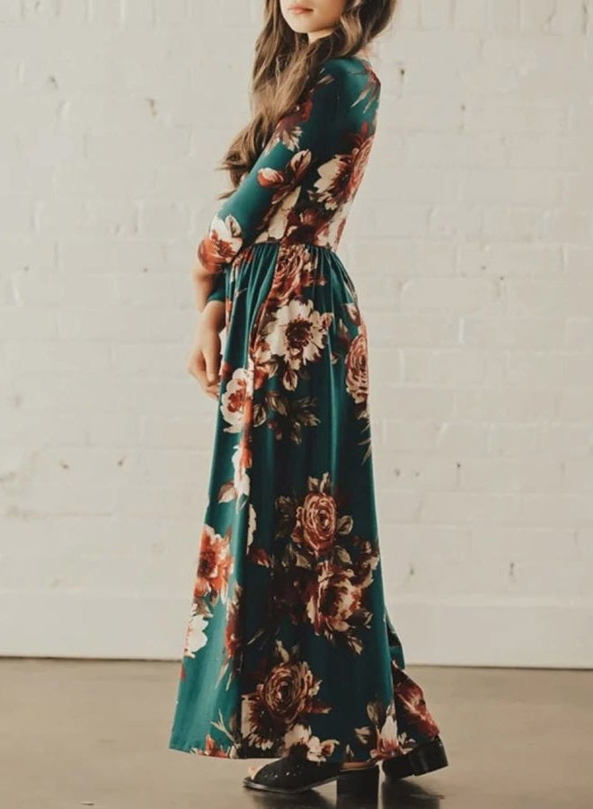 21KIDS Girls Maxi Dress Kids Floral Casual 3/4 Long Sleeve Dresses for Girls, Green, 12 Years - Image 3