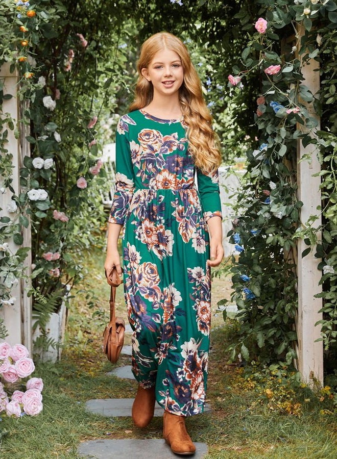 21KIDS Girls Maxi Dress Kids Floral Casual 3/4 Long Sleeve Dresses for Girls, Green, 12 Years - Image 5