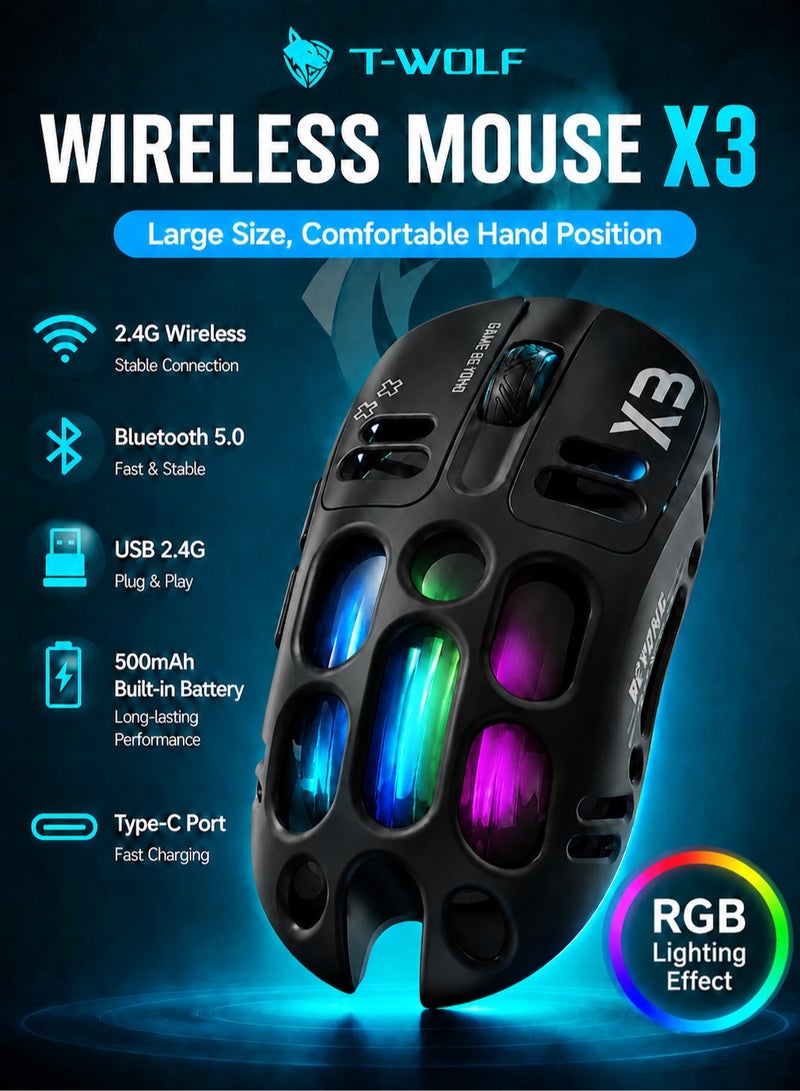 T-WOLF X3 Wireless Gaming Mouse, Tri-Mode Connection, PAW3311 Sensor, 12000 DPI, RGB Backlit, 70g Lightweight Honeycomb Design, Rechargeable Mouse for PC Gaming - Image 1