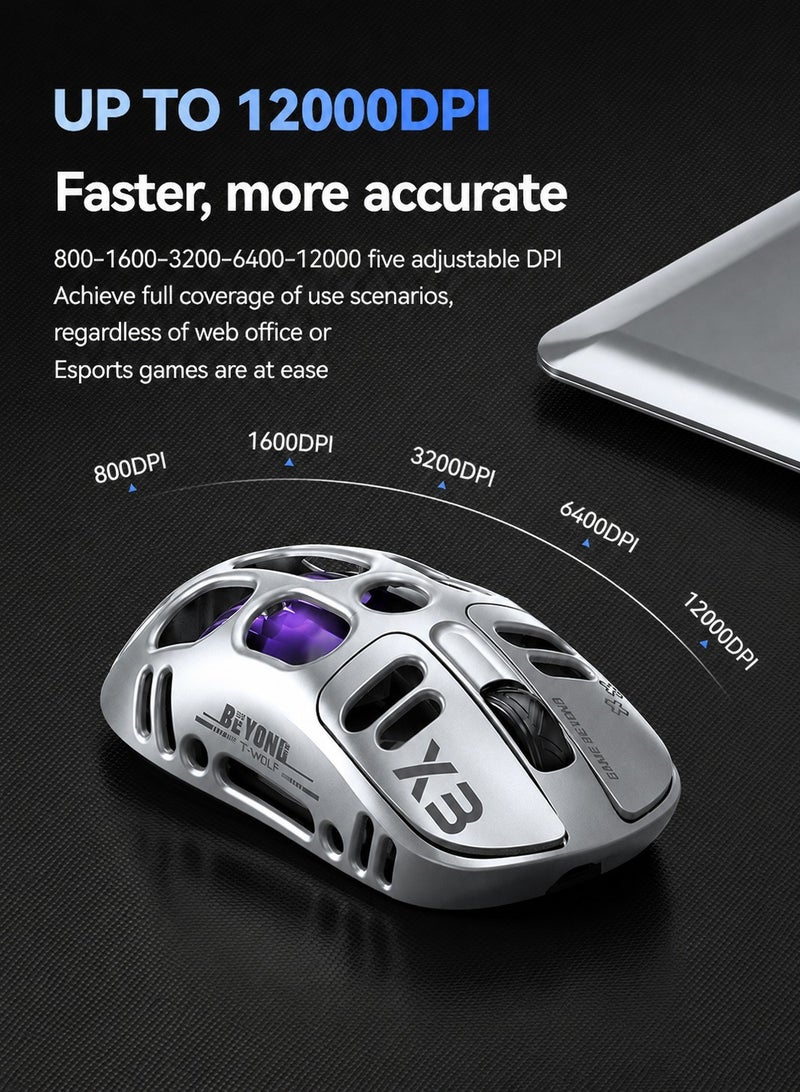T-WOLF X3 Wireless Gaming Mouse, Tri-Mode Connection, PAW3311 Sensor, 12000 DPI, RGB Backlit, 70g Lightweight Honeycomb Design, Rechargeable Mouse for PC Gaming - Image 3
