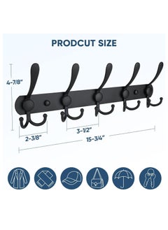 MIXDE Coat Rack Wall Mounted, Heavy Duty Stainless Steel with 5 Tri Hooks Metal Coat Hooks Rail for Hanging Coats, Hanger, Hat, Towel, Backpack, Robes, 2Pack  - Image 2