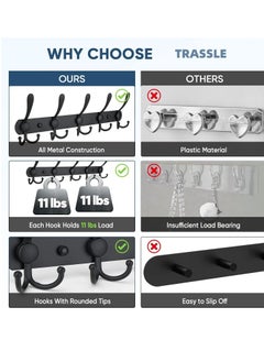 MIXDE Coat Rack Wall Mounted, Heavy Duty Stainless Steel with 5 Tri Hooks Metal Coat Hooks Rail for Hanging Coats, Hanger, Hat, Towel, Backpack, Robes, 2Pack  - Image 3