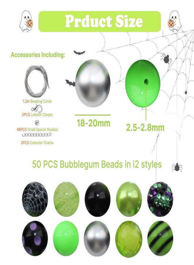 OUTLEE Halloween Bubblegum Beads, 50Pcs 20mm Acrylic Plastic Bead Spacer Gumball Loose Beads Black Green Chunky Beads for Halloween DIY (Green and Black) - Image 2
