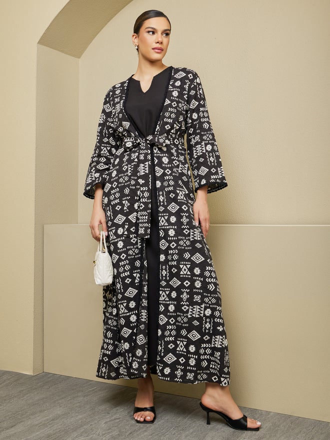 Styli Amirah All-Over Print Belted Abaya with Inner Dress Set  - Image 1