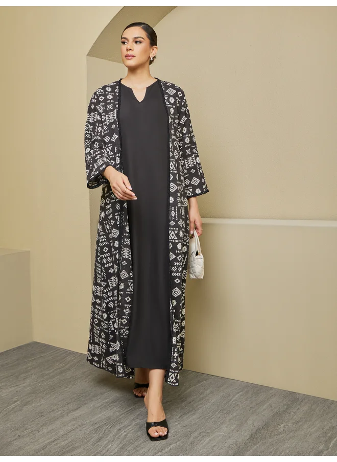 أميرة Amirah All-Over Print Belted Abaya with Inner Dress Set