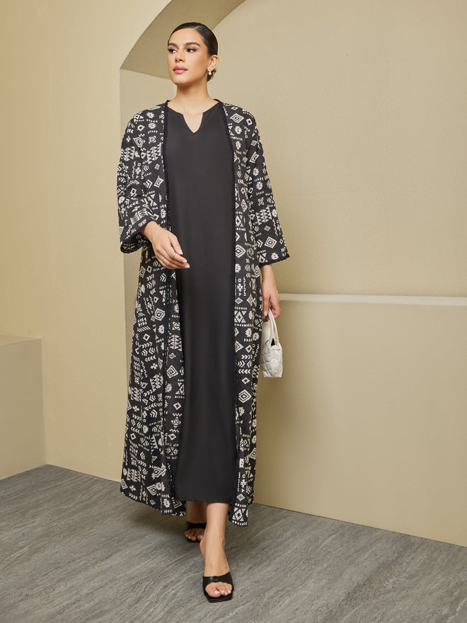 Styli Amirah All-Over Print Belted Abaya with Inner Dress Set  - Image 2