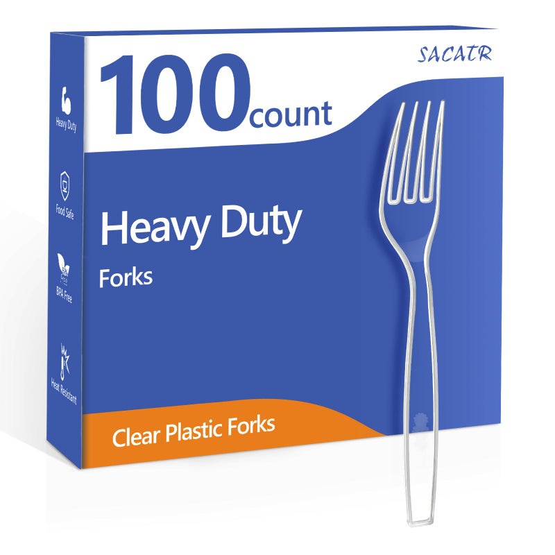 SACATR 100 Count Disposable Plastic Forks Heavy Duty Plastic Forks  Clear Plastic Silverware  BPA-Free  Heat Resistant  Suitable for Parties  Events and Everyday Use - Image 1