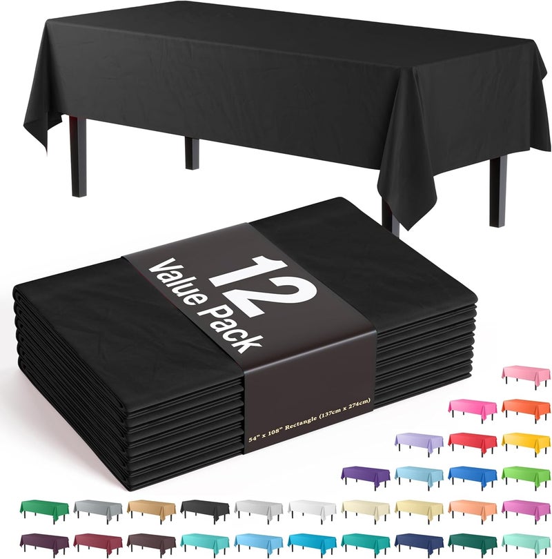 Exquisite 12-Pack Plastic Tablecloth 54x108 Rectangle Value Pack Plastic Table Cover - Black - Image 1