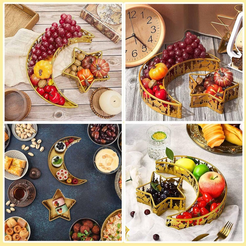 دايلي شيك مجموعة صواني تقديم رمضان، قطعتان من صواني الطعام على شكل هلال ونجم، أدوات مائدة عيد مبارك، حاويات للحلويات/الحلوى/التمر، ديكور منزلي - Image 3